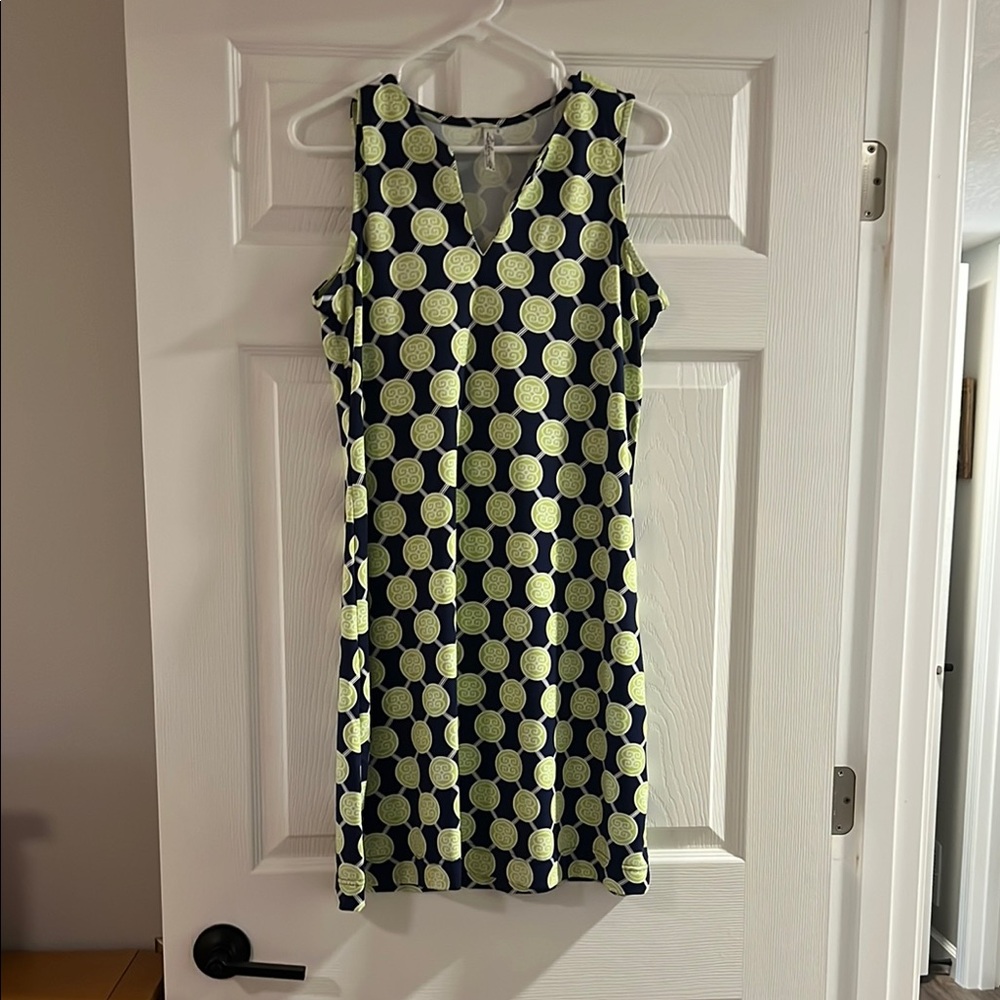 Lulu-B Navy Shift Dress with Lime Dot Print EUC